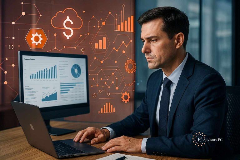Person working on laptop with financial dashboards on a monitor and business analytics graphics in the background.